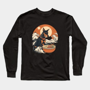 Doberman Eating Sushi, Great Wave Long Sleeve T-Shirt